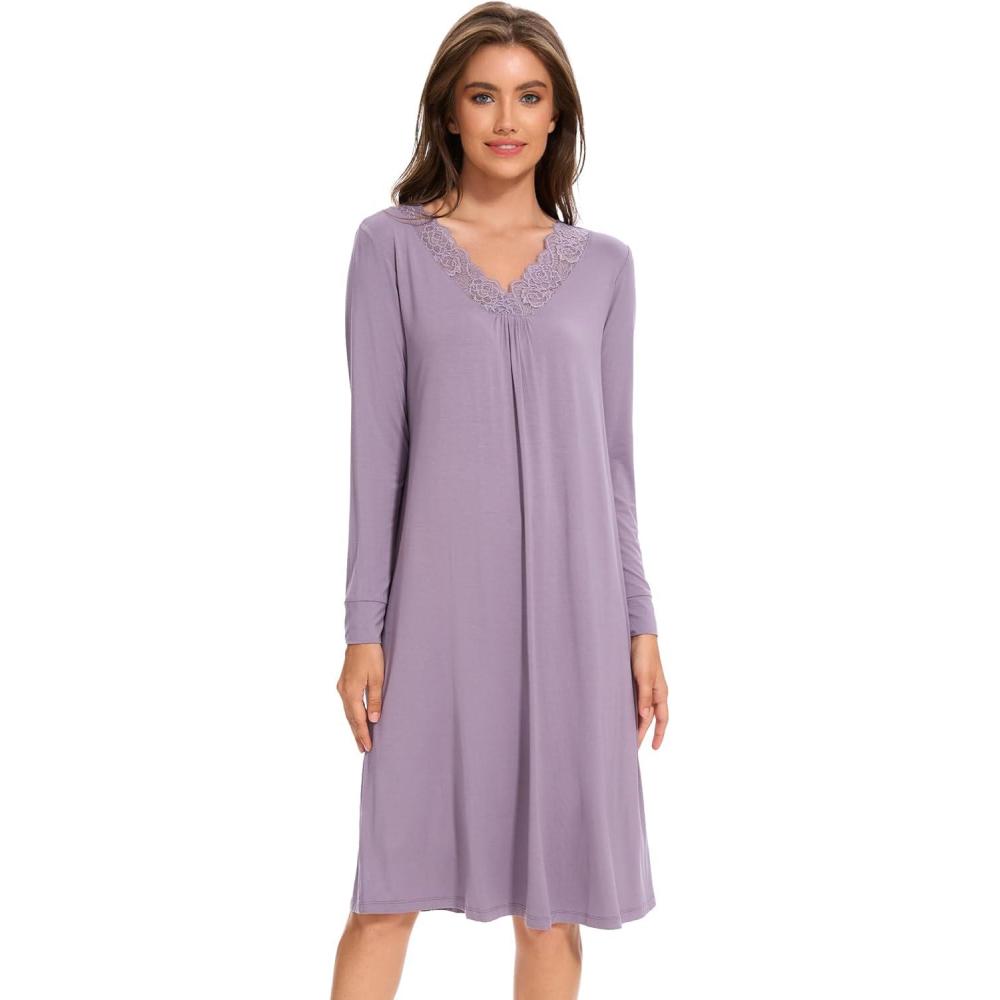 imageGYS Bamboo Viscose Womens Nightgowns Long Sleeve Lace V Neck Night Shirts for SleepingViolet