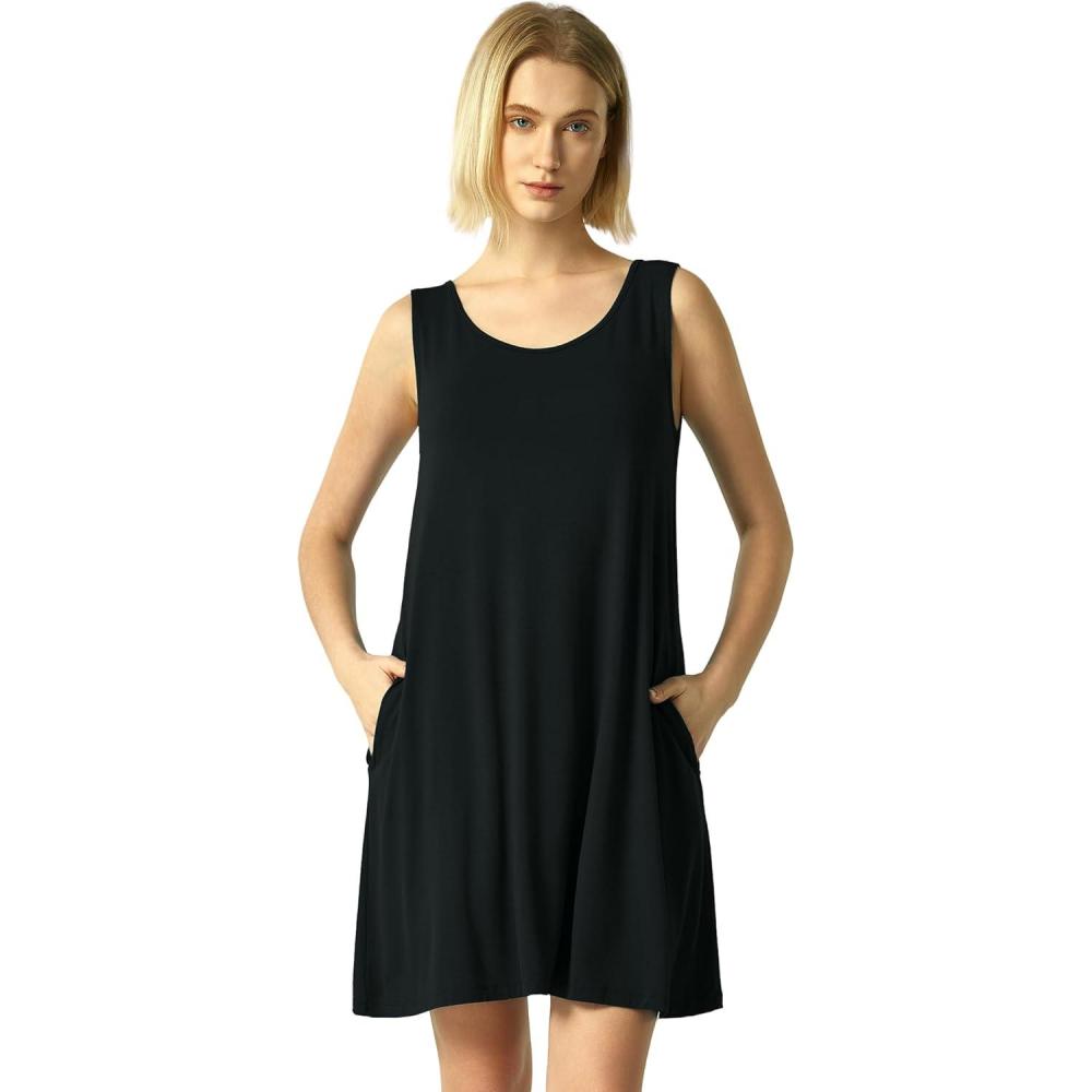 imageGYS Bamboo Viscose Womens Nightgowns Sleeveless Soft Summer Tank Sleepwear with PocketsCrew Neckblack