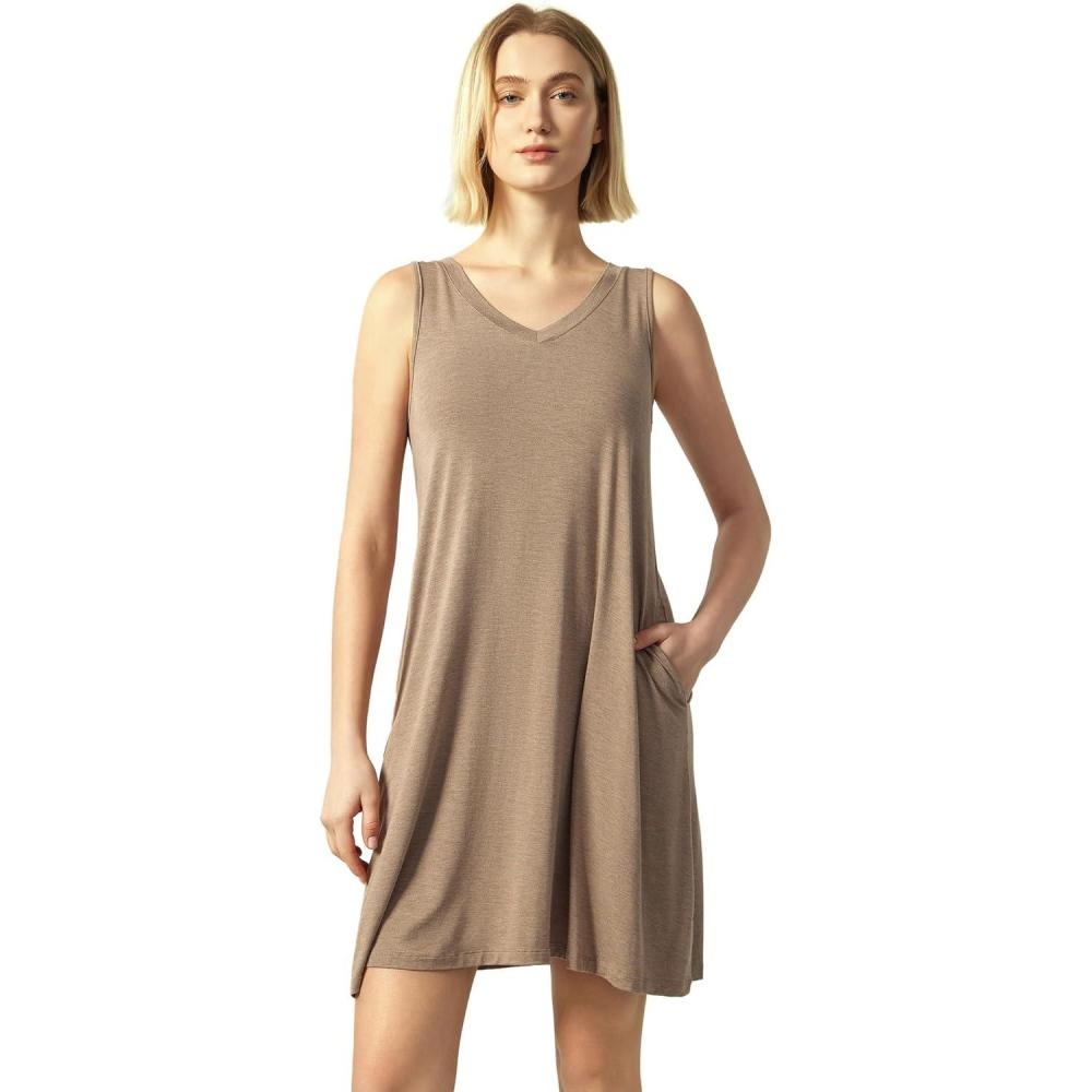 imageGYS Bamboo Viscose Womens Nightgowns Sleeveless Soft Summer Tank Sleepwear with PocketsV Neckcamel