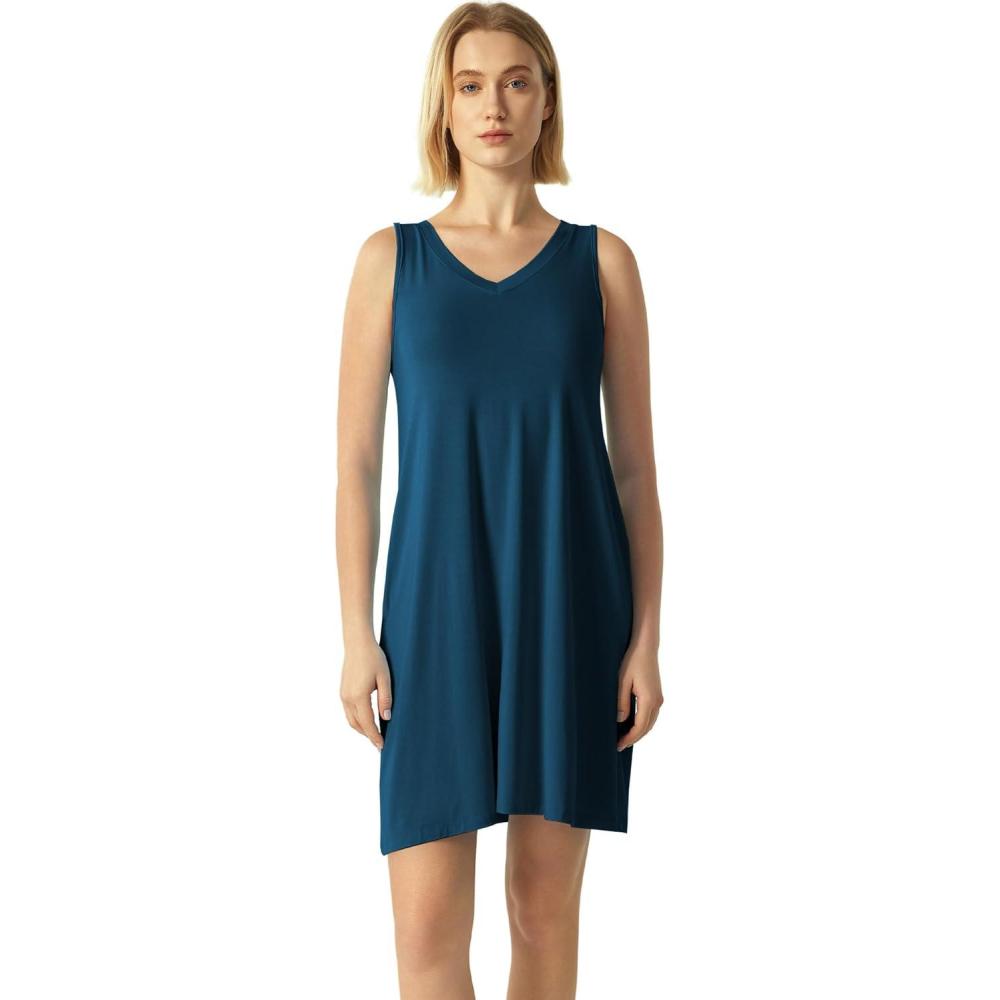 imageGYS Bamboo Viscose Womens Nightgowns Sleeveless Soft Summer Tank Sleepwear with PocketsV Neckink Blue