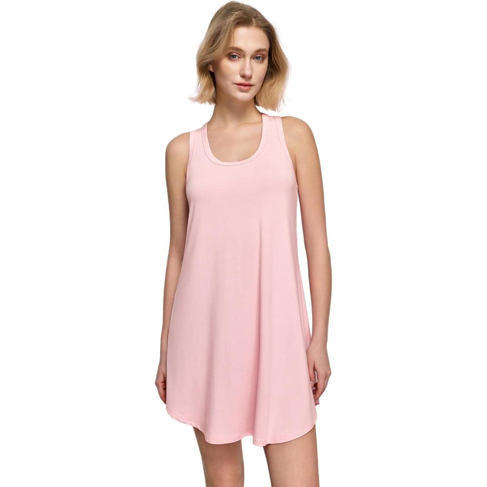 imageGYS Bamboo Viscose Womens Nightgowns UNeck Sleeveless Soft Tank Night DressPink
