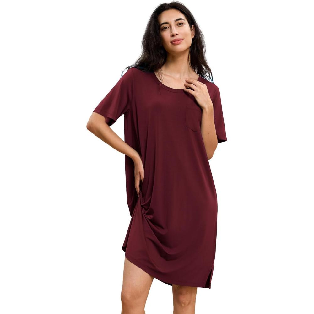imageGYS Premium Womens Nightgowns Bamboo Viscose Short Sleeve Soft and Breathable Pajama DressWine Red