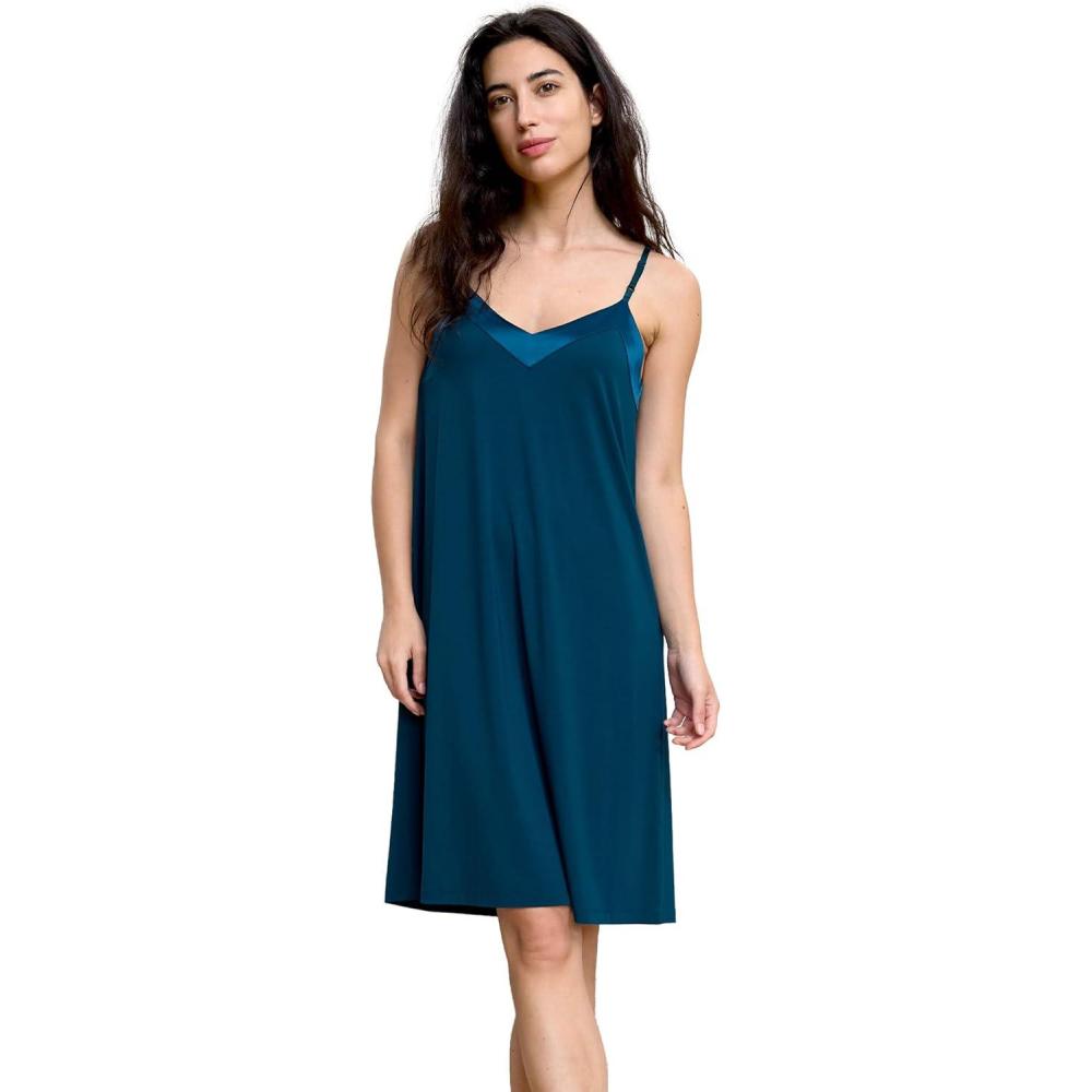 imageGYS Sleeveless Nightgowns for Women Bamboo Viscose Satin Vneck Spaghetti Straps Pajama DressInk Blue