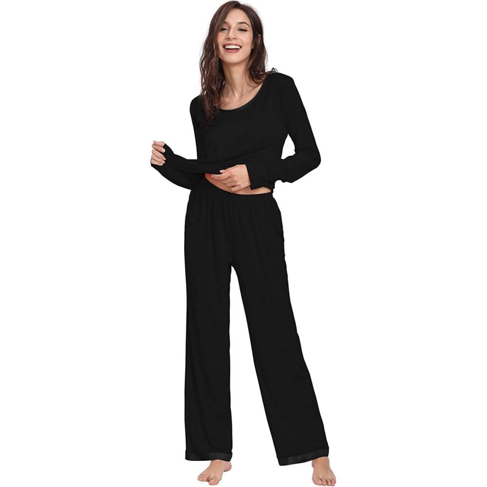 imageGYS Viscose from Bamboo Womens Pajama Sets Super Soft Long Sleeve Sleepwear Comfy Winter Pjs Sets S4XA Round Neck Black