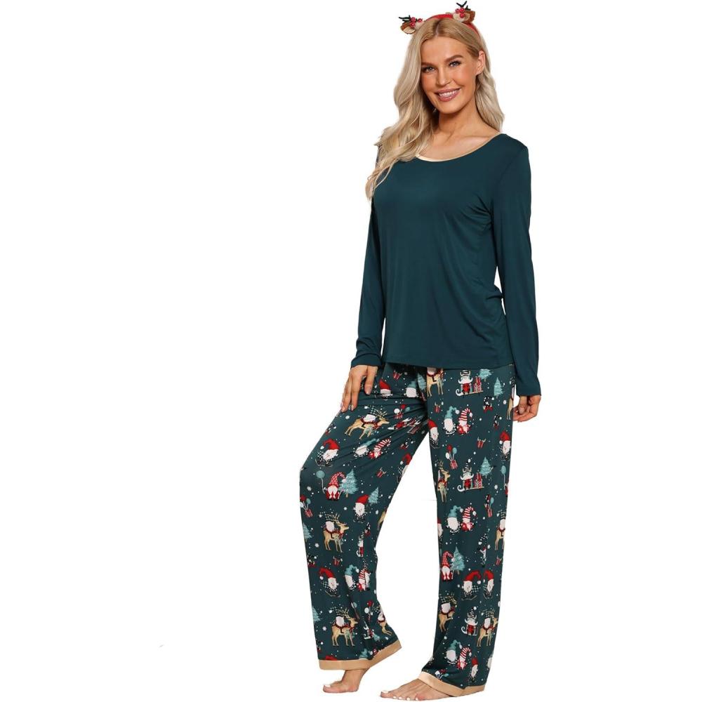 imageGYS Viscose from Bamboo Womens Pajama Sets Super Soft Long Sleeve Sleepwear Comfy Winter Pjs Sets S4XA Round Neck Christmas Green
