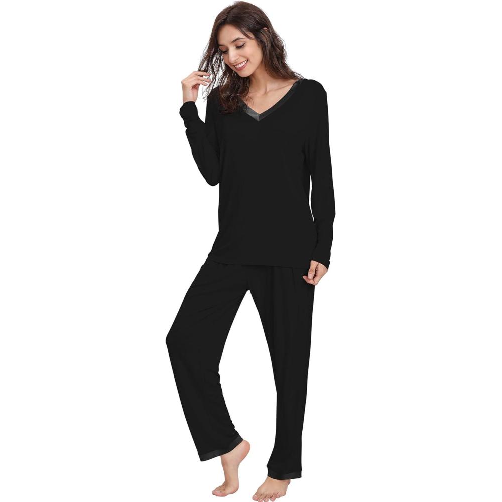imageGYS Viscose from Bamboo Womens Pajama Sets Super Soft Long Sleeve Sleepwear Comfy Winter Pjs Sets S4XB V Neck  Black