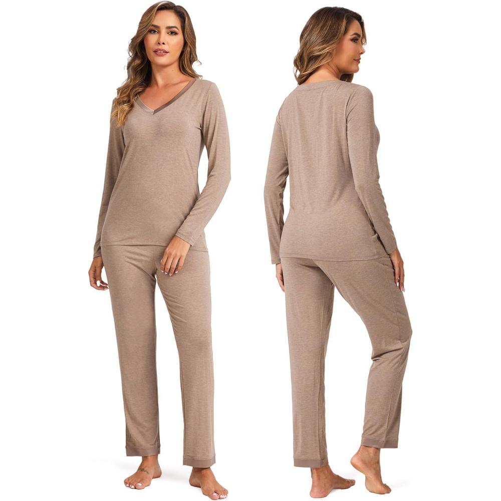imageGYS Viscose from Bamboo Womens Pajama Sets Super Soft Long Sleeve Sleepwear Comfy Winter Pjs Sets S4XB V Neck Camel
