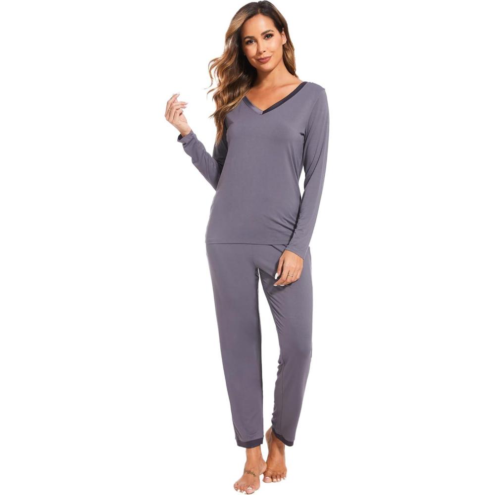 imageGYS Viscose from Bamboo Womens Pajama Sets Super Soft Long Sleeve Sleepwear Comfy Winter Pjs Sets S4XB V Neck  Dark Grey