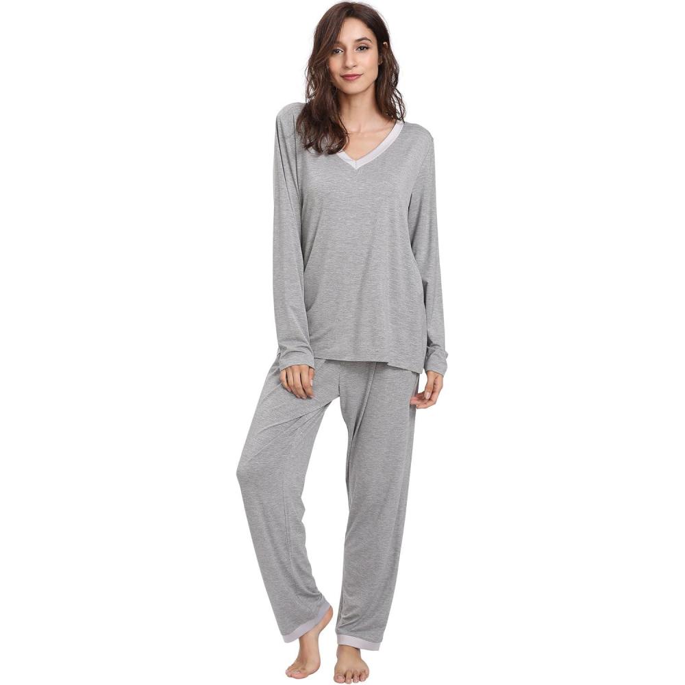 imageGYS Viscose from Bamboo Womens Pajama Sets Super Soft Long Sleeve Sleepwear Comfy Winter Pjs Sets S4XB V Neck  Heather Grey