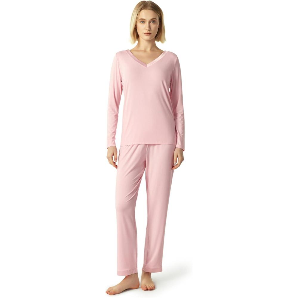 imageGYS Viscose from Bamboo Womens Pajama Sets Super Soft Long Sleeve Sleepwear Comfy Winter Pjs Sets S4XB V Neck Pink