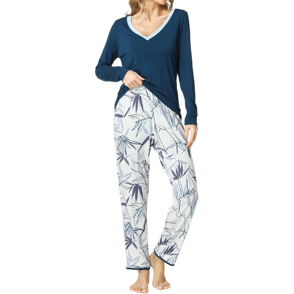 imageGYS Viscose from Bamboo Womens Pajama Sets Super Soft Long Sleeve Sleepwear Comfy Winter Pjs Sets S4XCink Blue