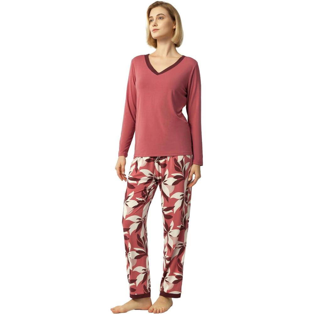 imageGYS Viscose from Bamboo Womens Pajama Sets Super Soft Long Sleeve Sleepwear Comfy Winter Pjs Sets S4XD Ash RosePlants