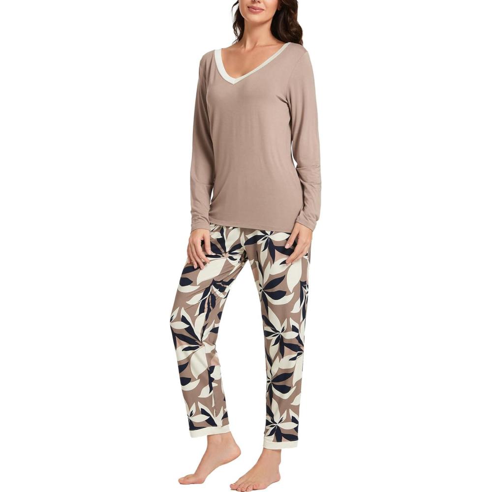 imageGYS Viscose from Bamboo Womens Pajama Sets Super Soft Long Sleeve Sleepwear Comfy Winter Pjs Sets S4XD BrownPlants