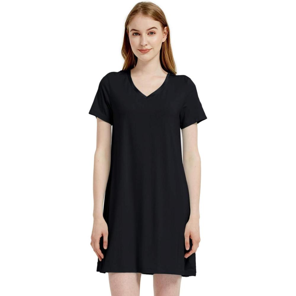 imageGYS Womens Bamboo Viscose Nightgown Silky Soft Lightweight Short Sleeve Sleep Dress with Satin VNeck for Hot SleepersBlack