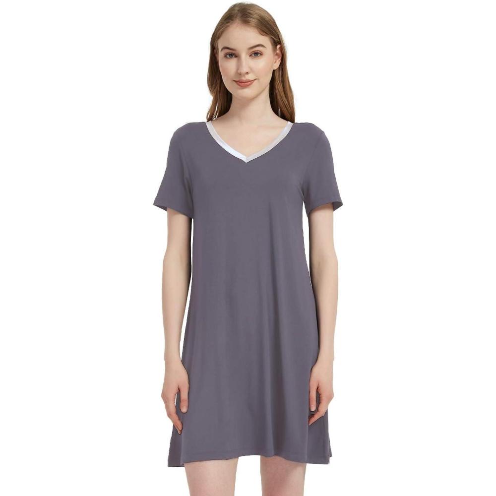 imageGYS Womens Bamboo Viscose Nightgown Silky Soft Lightweight Short Sleeve Sleep Dress with Satin VNeck for Hot SleepersDark Grey