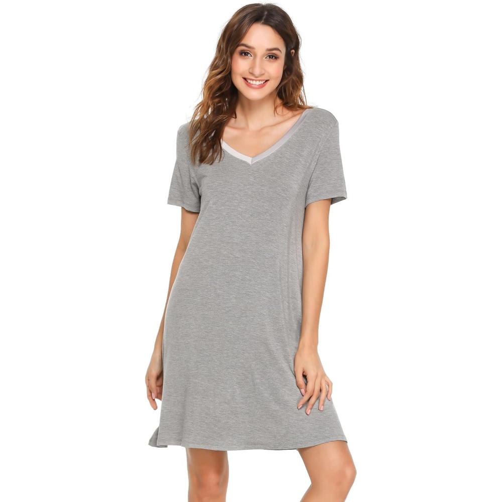 imageGYS Womens Bamboo Viscose Nightgown Silky Soft Lightweight Short Sleeve Sleep Dress with Satin VNeck for Hot SleepersHeather Grey