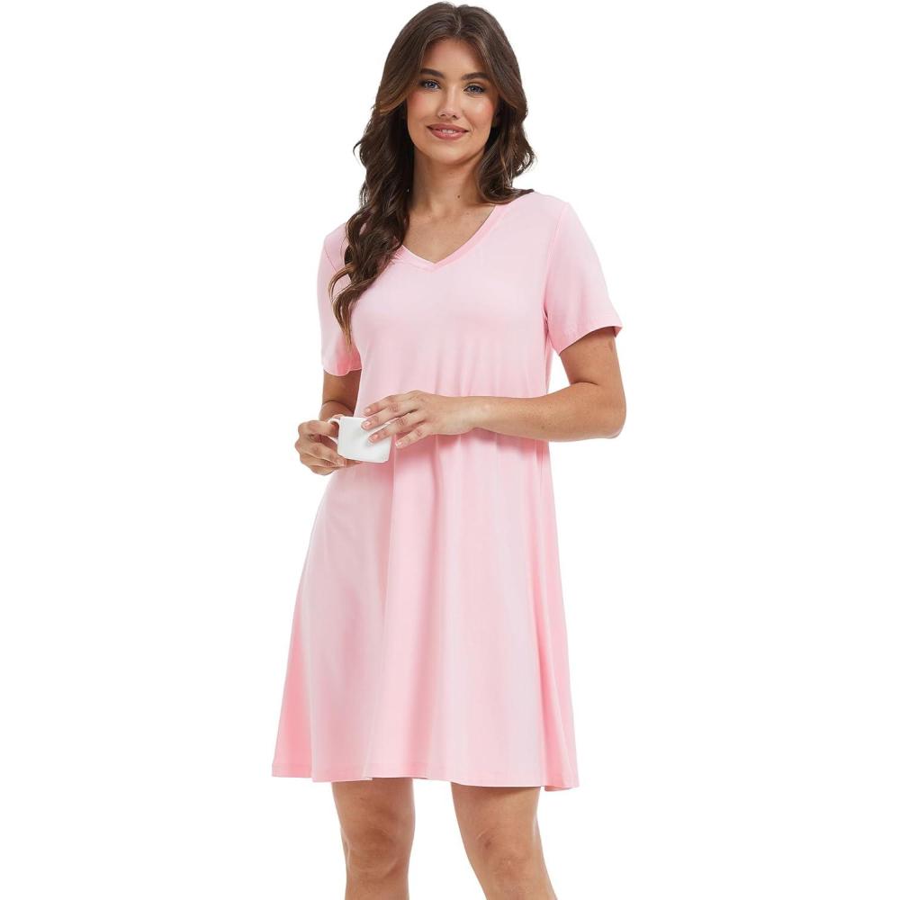 imageGYS Womens Bamboo Viscose Nightgown Silky Soft Lightweight Short Sleeve Sleep Dress with Satin VNeck for Hot SleepersPink