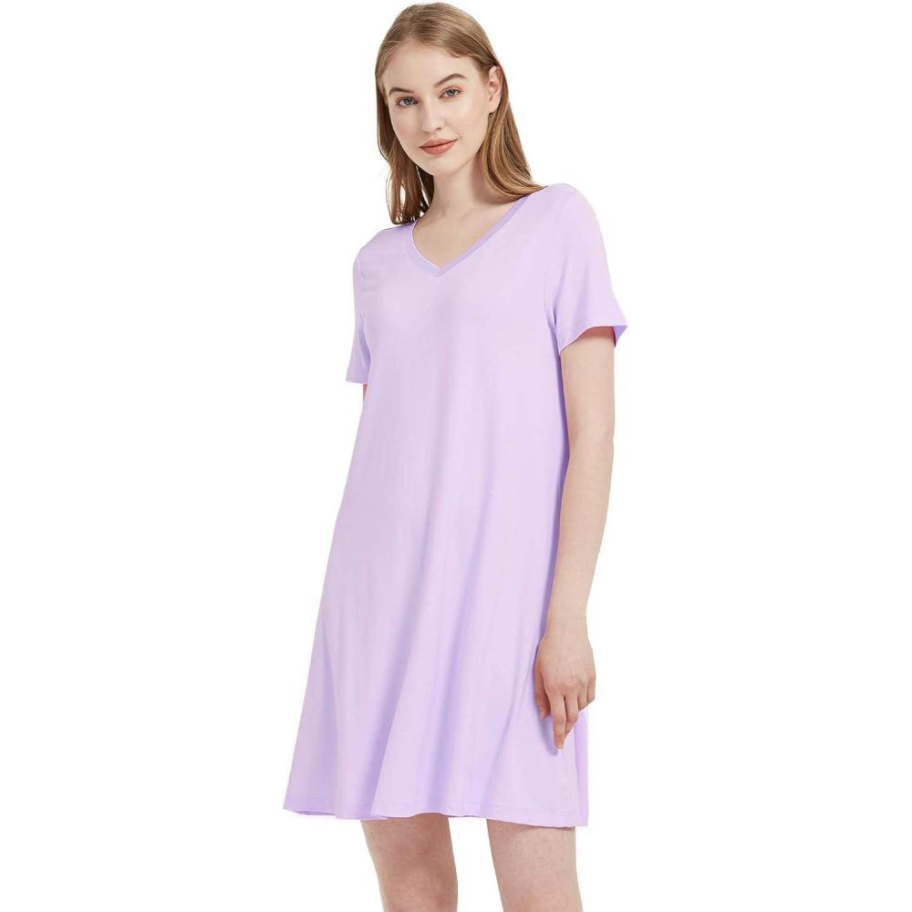imageGYS Womens Bamboo Viscose Nightgown Silky Soft Lightweight Short Sleeve Sleep Dress with Satin VNeck for Hot SleepersTaro Purple