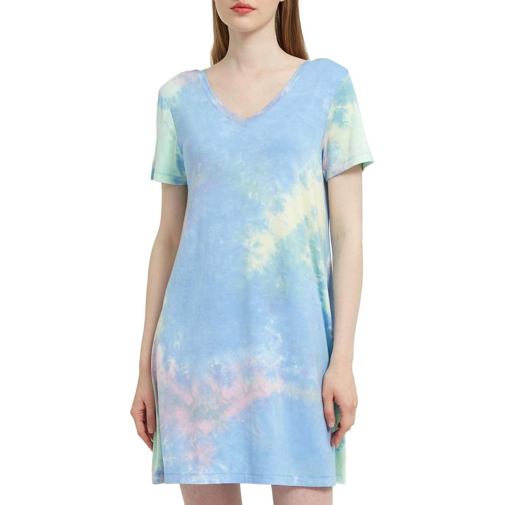 imageGYS Womens Bamboo Viscose Nightgown Silky Soft Lightweight Short Sleeve Sleep Dress with Satin VNeck for Hot SleepersTiedye Blue