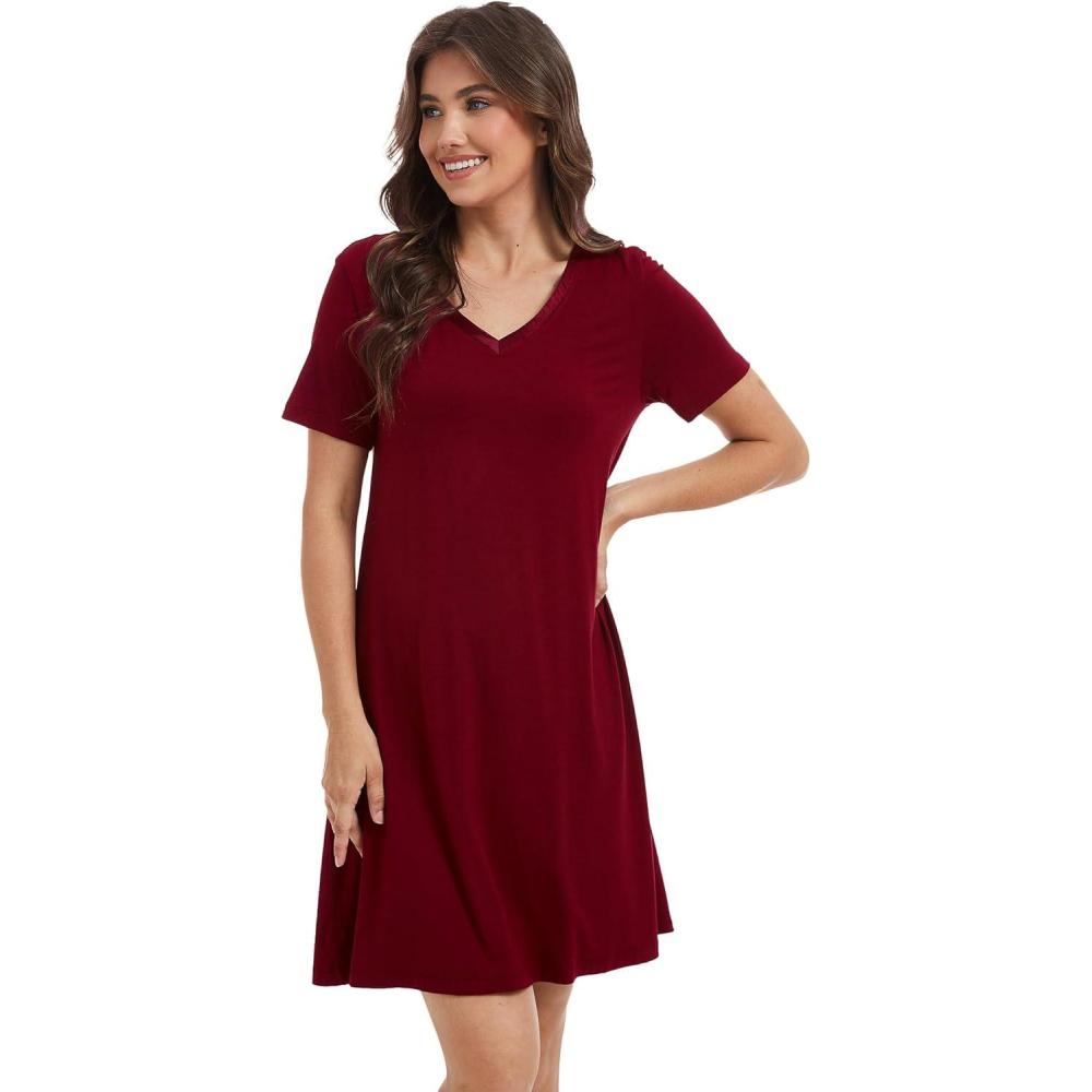 imageGYS Womens Bamboo Viscose Nightgown Silky Soft Lightweight Short Sleeve Sleep Dress with Satin VNeck for Hot SleepersWine