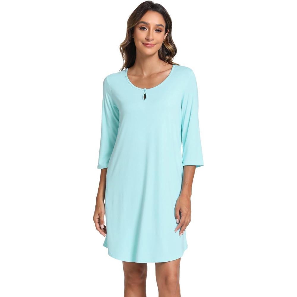 imageGYS Womens Nightgowns 34 Sleeve Scoopneck Sleep Shirt with Pockets Bambooderived ViscoseAqua