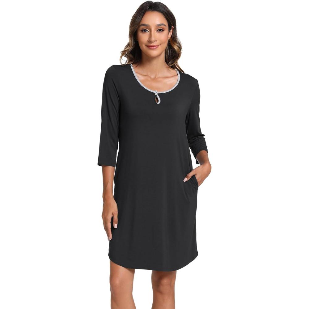 imageGYS Womens Nightgowns 34 Sleeve Scoopneck Sleep Shirt with Pockets Bambooderived ViscoseBlack
