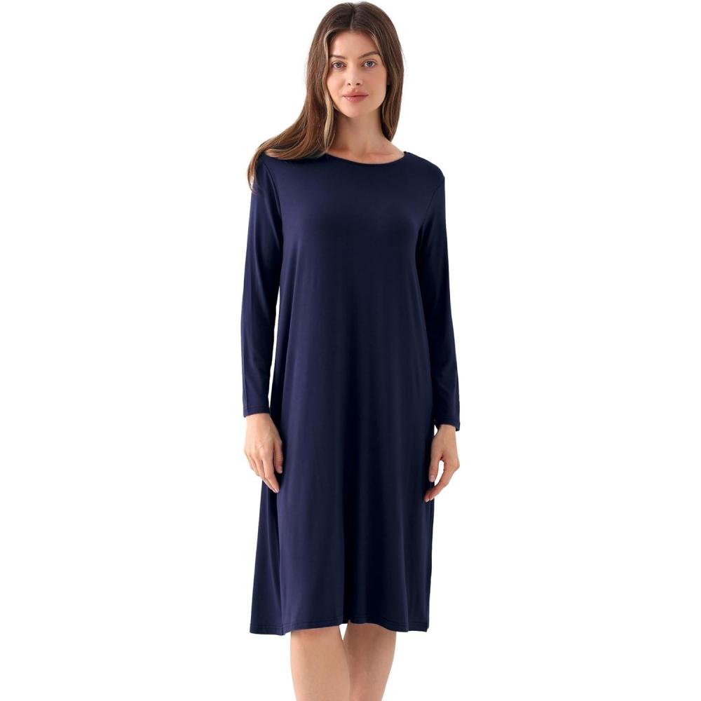 imageGYS Womens Nightgowns Bamboo Viscose Soft and Comfy Long Sleeve Pajama DressNavy
