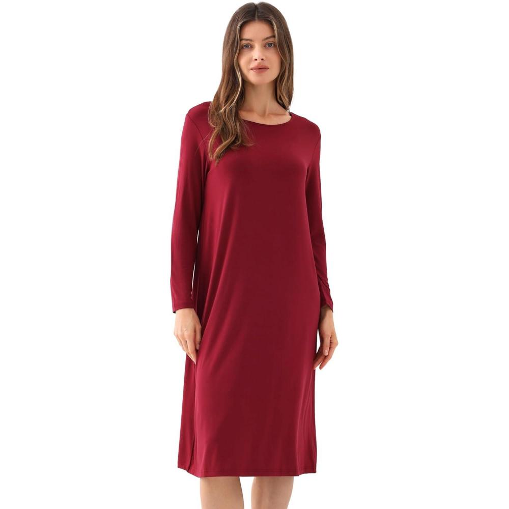 imageGYS Womens Nightgowns Bamboo Viscose Soft and Comfy Long Sleeve Pajama DressWine Red