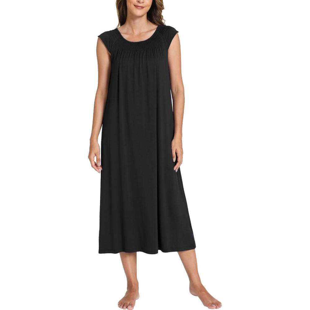 imageGYS Womens Nightgowns Short Sleeve Sleep Shirts Soft Smocked Nighties Sleepwear Viscose Made from BambooBlack