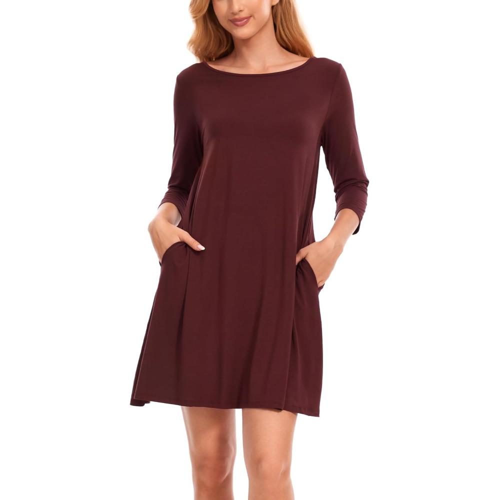 imageGYS Womens Nightgowns with Pockets Soft Bamboo Viscose 34 Sleeve Nightshirts SleepwearFicus Red
