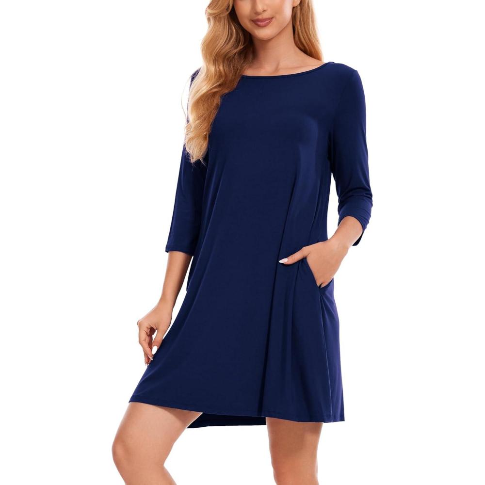 imageGYS Womens Nightgowns with Pockets Soft Bamboo Viscose 34 Sleeve Nightshirts SleepwearNavy