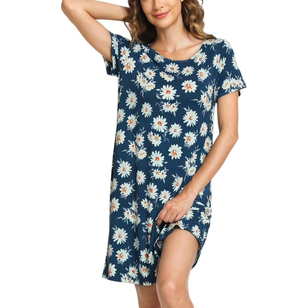 imageGYS Womens Short Sleeve Nightgowns Soft Comfy Sleep Dress Viscose Made from BambooBlue Daisy
