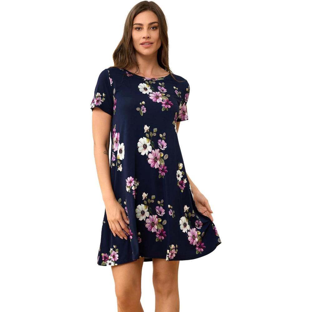 imageGYS Womens Short Sleeve Nightgowns Soft Comfy Sleep Dress Viscose Made from BambooNavy Floral
