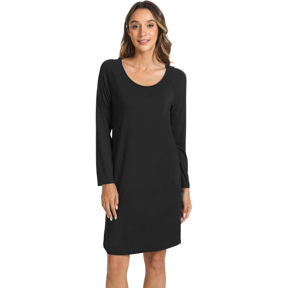 imageLazyCozy Womens Long Sleeve Nightgowns Viscose from Bamboo Sleepwear Soft Nightshirt Lightweight Sleep DressBlack