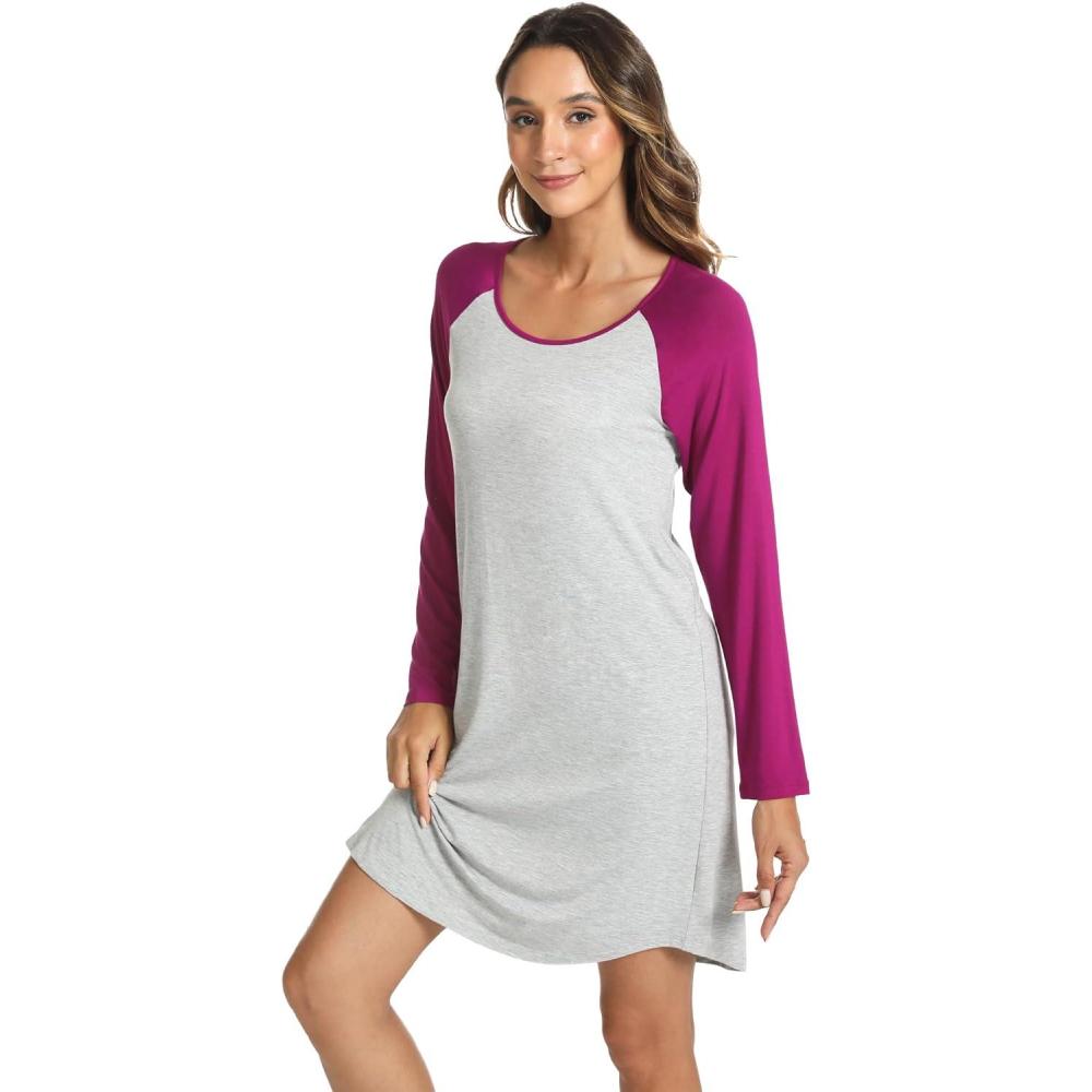 imageLazyCozy Womens Long Sleeve Nightgowns Viscose from Bamboo Sleepwear Soft Nightshirt Lightweight Sleep DressLight Heather GreyPlum