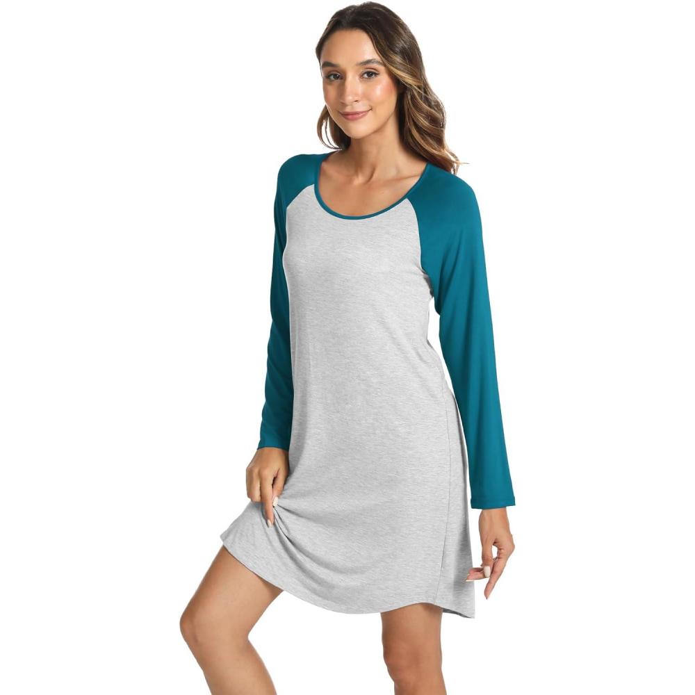 imageLazyCozy Womens Long Sleeve Nightgowns Viscose from Bamboo Sleepwear Soft Nightshirt Lightweight Sleep DressLight Heather GreyTeal Blue
