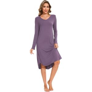 GYS Bamboo Viscose Nightgowns for Women, Soft Long Sleeve V Neck Night Shirts Sleepwear, Below the Knee Long Nightgown Pajama(Air Purple)