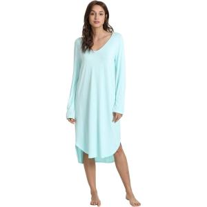 GYS Bamboo Viscose Nightgowns for Women, Soft Long Sleeve V Neck Night Shirts Sleepwear, Below the Knee Long Nightgown Pajama(Aqua)