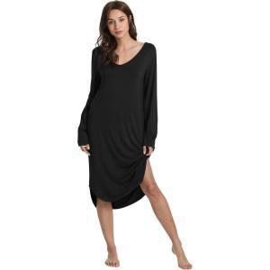GYS Bamboo Viscose Nightgowns for Women, Soft Long Sleeve V Neck Night Shirts Sleepwear, Below the Knee Long Nightgown Pajama(Black)
