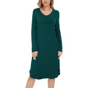 GYS Bamboo Viscose Nightgowns for Women, Soft Long Sleeve V Neck Night Shirts Sleepwear, Below the Knee Long Nightgown Pajama(Green)