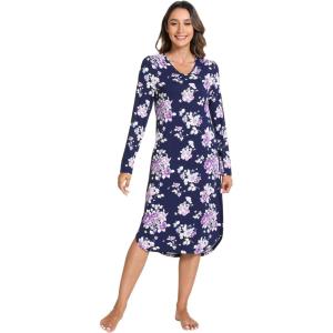 GYS Bamboo Viscose Nightgowns for Women, Soft Long Sleeve V Neck Night Shirts Sleepwear, Below the Knee Long Nightgown Pajama(Purple Floral)