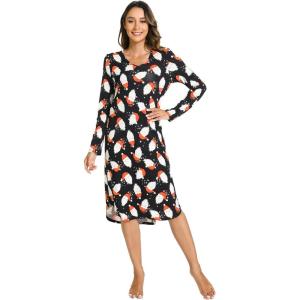 GYS Bamboo Viscose Nightgowns for Women, Soft Long Sleeve V Neck Night Shirts Sleepwear, Below the Knee Long Nightgown Pajama(Santa Claus Black)