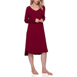 GYS Bamboo Viscose Nightgowns for Women, Soft Long Sleeve V Neck Night Shirts Sleepwear, Below the Knee Long Nightgown Pajama(Wine)