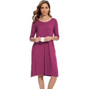 GYS Bamboo Viscose Women’s Nightgowns Half Sleeve Crew Neck Sleep Dress with Pockets(Purplish Red)