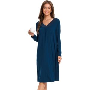 GYS Bamboo Viscose Women’s Nightgowns Long Sleeve Lace V Neck Night Shirts for Sleeping(Ink Blue)