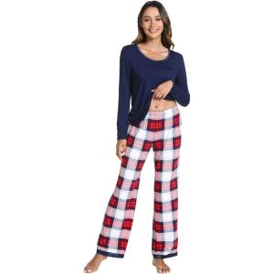 GYS Viscose from Bamboo Women’s Pajama Sets Super Soft Long Sleeve Sleepwear Comfy Winter Pjs Sets S-4X(A- Round Neck- White Red Plaid)