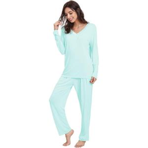 GYS Viscose from Bamboo Women’s Pajama Sets Super Soft Long Sleeve Sleepwear Comfy Winter Pjs Sets S-4X(B- V Neck – Aqua)