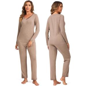 GYS Viscose from Bamboo Women’s Pajama Sets Super Soft Long Sleeve Sleepwear Comfy Winter Pjs Sets S-4X(B- V Neck – Camel)