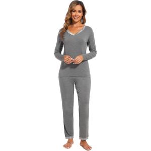 GYS Viscose from Bamboo Women’s Pajama Sets Super Soft Long Sleeve Sleepwear Comfy Winter Pjs Sets S-4X(B- V Neck – Dark Heather Grey)