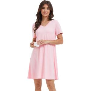 GYS Womens Bamboo Viscose Nightgown, Silky Soft Lightweight Short Sleeve Sleep Dress with Satin V-Neck for Hot Sleepers(Pink)